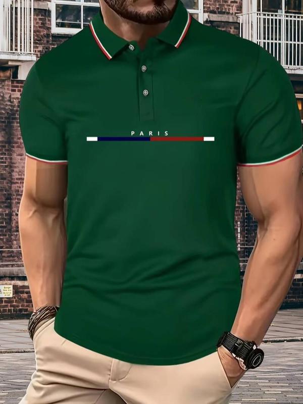 Men's Regular Fit Letter Print Contrast Binding Polo Shirt, Casual Streetwear Short Sleeve Button Front Top for Summer, Polo Shirts Men, Fashion Men's Clothes for Outdoor Sports