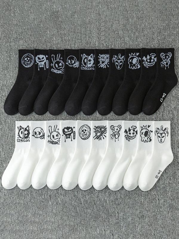 Random Men's Cartoon Print Crew Socks, Casual Comfy Breathable Mid-calf Socks for Daily Wear, Men's Socks for All Seasons