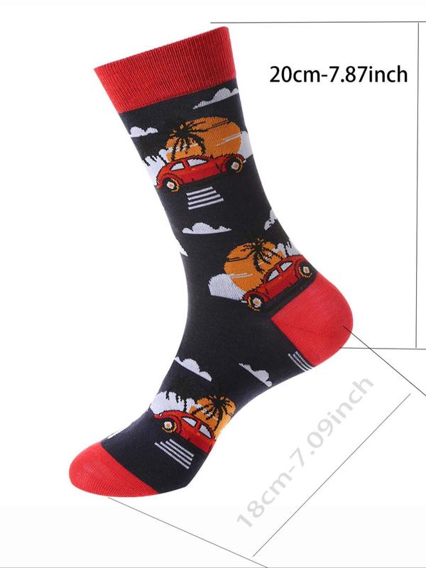 Men's Random Cartoon Print Crew Socks, Casual Comfortable Breathable Mid-calf Socks for Daily Wear, Men's Socks for All Seasons