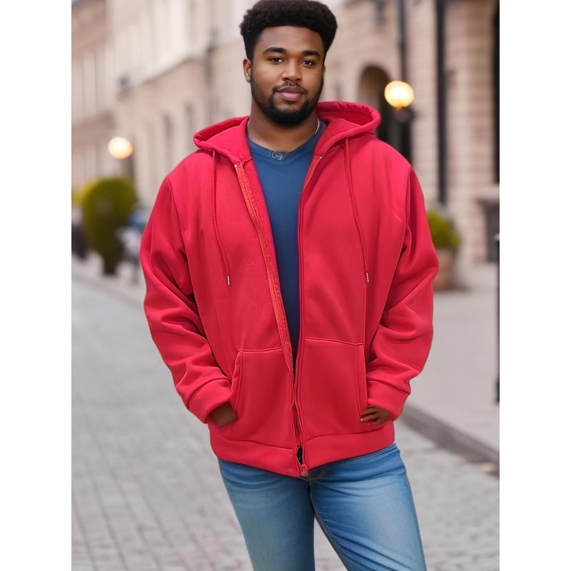 2024Plus Size Men's Oversized Solid Hooded Jacket with Zipper - Fall Winter Warmthdandy