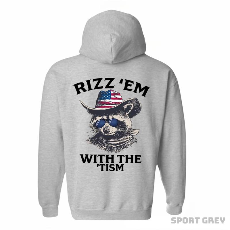 Rizz 'Em With The 'Tism Hoodie - Featuring a raccoon wearing an American cowboy hat and sunglasses, bringing a fun and unique style, perfect for outdoor parties and casual events, providing comfort and style. Unisex.