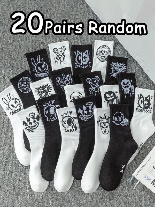 Random Men's Cartoon Print Crew Socks, Casual Comfy Breathable Mid-calf Socks for Daily Wear, Men's Socks for All Seasons