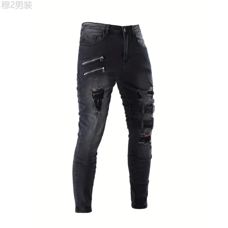 Medium Stretch Men's Chic Skinny Biker Jeans, Casual Street Style Denim Pants Menswear Spandex