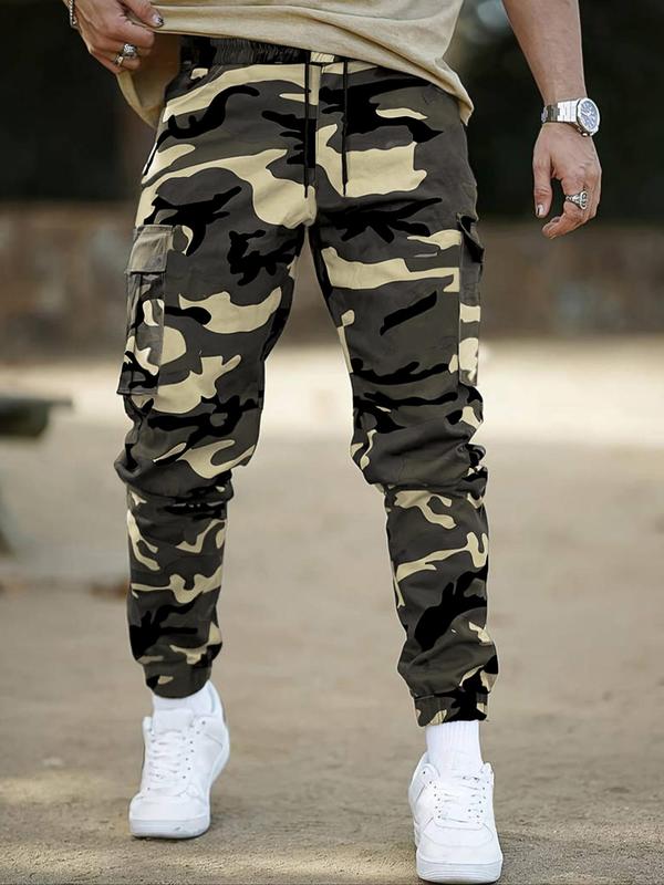 Men's Regular Fit Camo Print Patched Drawstring Cargo Pants, Casual Pocket Elastic Waist Trousers for Daily Wear, Pants for Men, Fall Clothes, Casual Men's Bottoms for All Seasons