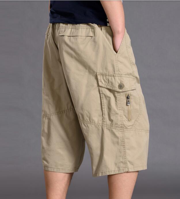 Mens 3 4 Elastic Waist Zip Fly Capri Relaxed Fit Long Cargo Shorts