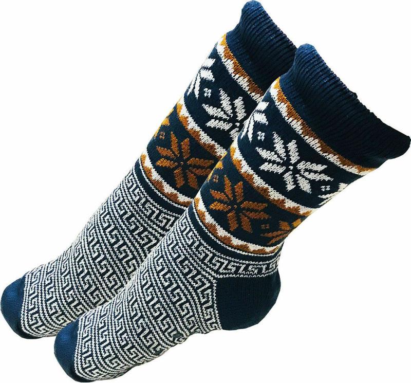 Mens Thick Knit Sherpa Fleece Slipper Socks Blue Base Colorful Snowflakes 10-13