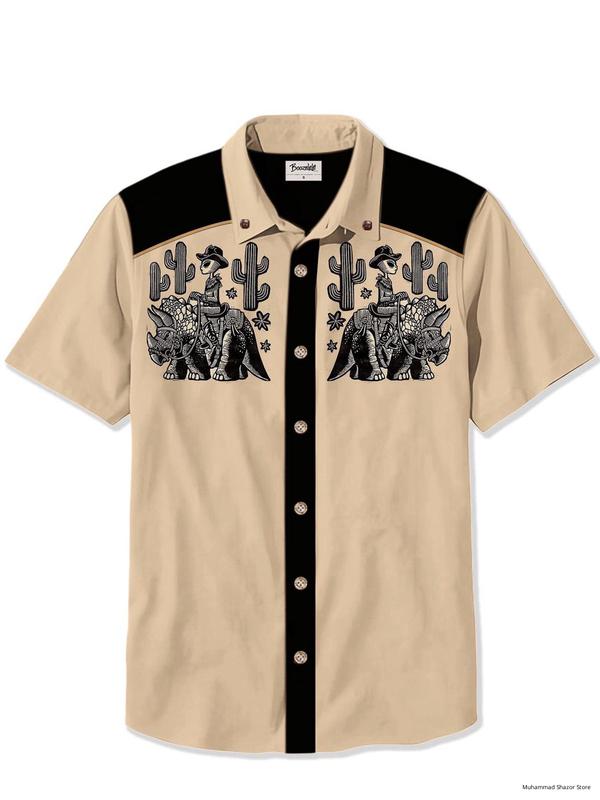 Alien Cowboy Riding A Rhino Casual Button Shirt All Over Printed Retro Vintage Western Style Gift Ideas