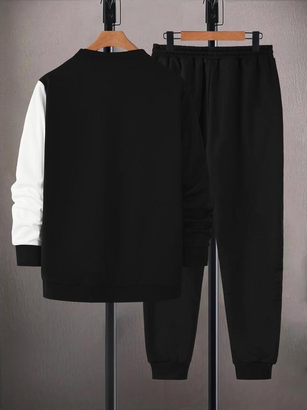 Two-piece Set Men's Colorblock Sweatshirt & Pocket Drawstring Waist Sweatpants Loungewear, Regular Fit Casual Round Neck Long Sleeve Lounge Pullover & Elastic Waist Trousers, Lounge Sets, Men's Sleepwear for Spring & Fall