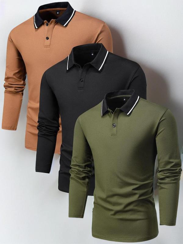 Men's 3pcs Plain Half Buttons Polo Shirt, Regular Fit Casual Long Sleeve Collared Top, Comfy Clothes for Men, Men's Clothes for Business Work Office, Polo Shirts Men, Menswear, Polo T Shirt Vintage Jerseys