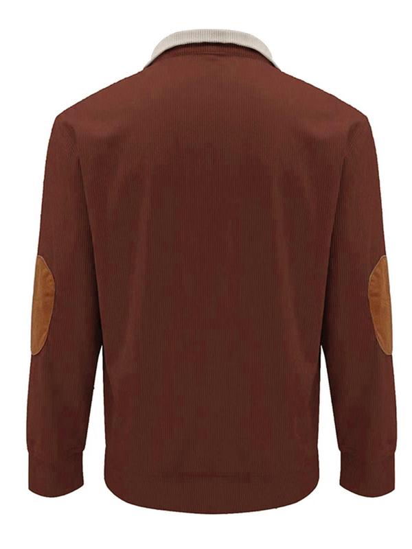 Men's Patchwork Button Front Corduroy Sweatshirt, Casual Regular Fit Drop Shoulder Long Sleeve Pullover for Spring & Fall, Fashion Men's Top for Daily Wear