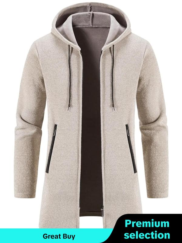 Men's Regular Fit Solid Pocket Drawstring Zip Up Hooded Cardigan, Casual Long Sleeve Zip Front Outerwear for Fall & Winter, Men's Knitwear for Daily Wear