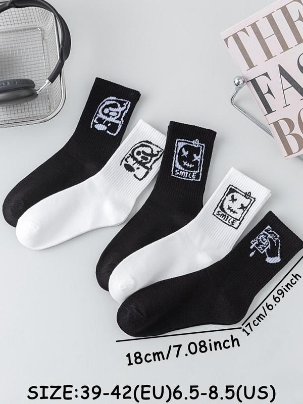 Random Men's Cartoon Print Crew Socks, Casual Comfy Breathable Mid-calf Socks for Daily Wear, Men's Socks for All Seasons