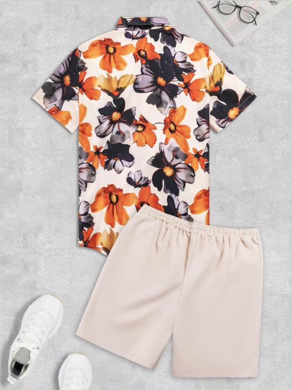 Men's Floral Print Shirt & Drawstring Pocket Shorts Set, Regular Fit Button Down Collared Shirt & Shorts, Hawaiian Shirt & Shorts,  Men Summer Clothes for Beach Vacation