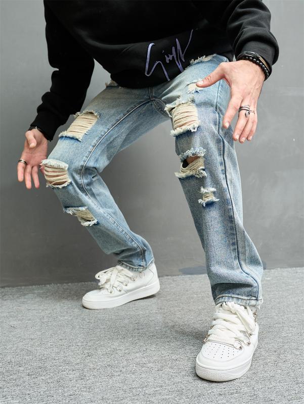 Men High Street Stylish HipHop Holes Loose Straight Jeans Trousers Vintage Male Ripped Cotton Casual Denim Pants