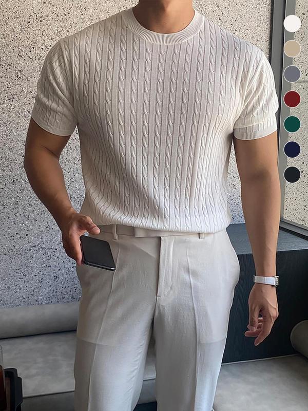 Men's Plain Round Neck Cable Knit Tops, Knit Sweater, Slim Casual Streetwear Short Sleeve Crew Neck Knitwear Top, Summer Clothes, Soft Classic Knitting Tops, Casual Wear 2024, Men's Clothes