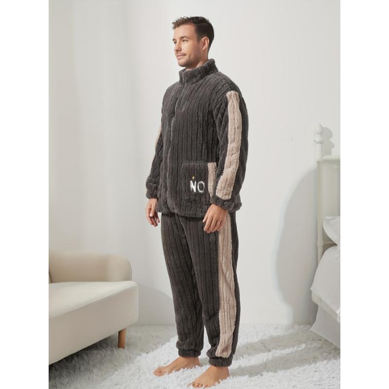 2 Pcs Men's Trendy Embroidered Detail Stand Collar Thick Soft Long Sleeve & Trousers Pajama Set, Comfortable & Skin-friendly Style Men's Cozy Loungewear  Fabric Menswear