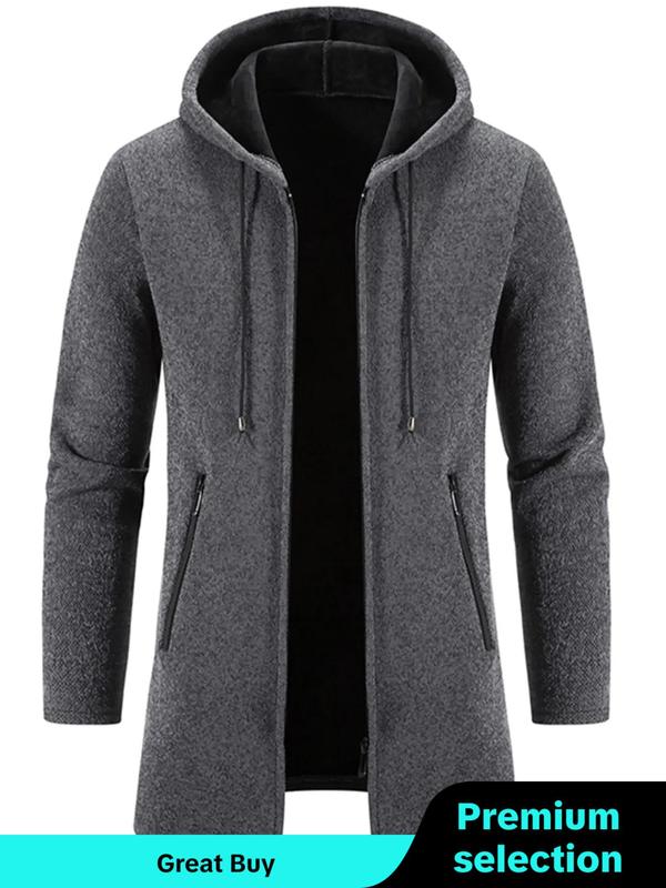 Men's Regular Fit Solid Pocket Drawstring Zip Up Hooded Cardigan, Casual Long Sleeve Zip Front Outerwear for Fall & Winter, Men's Knitwear for Daily Wear