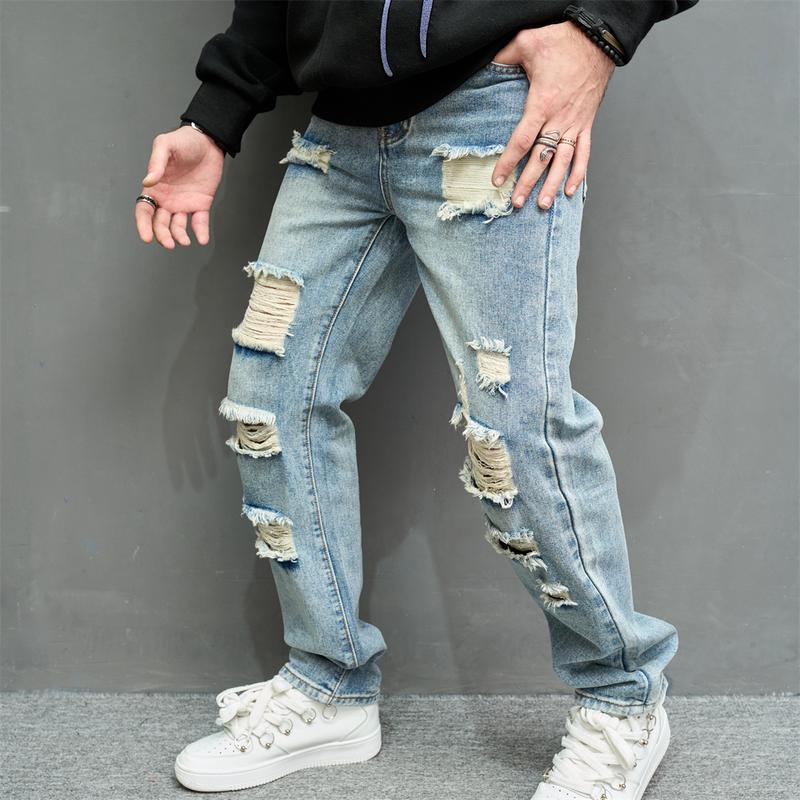 Men High Street Stylish HipHop Holes Loose Straight Jeans Trousers Vintage Male Ripped Cotton Casual Denim Pants