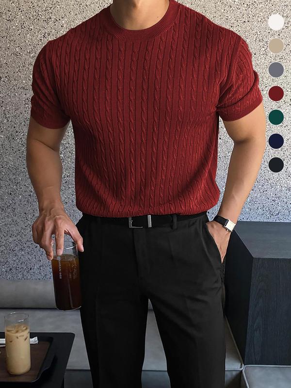 Men's Plain Round Neck Cable Knit Tops, Knit Sweater, Slim Casual Streetwear Short Sleeve Crew Neck Knitwear Top, Summer Clothes, Soft Classic Knitting Tops, Casual Wear 2024, Men's Clothes