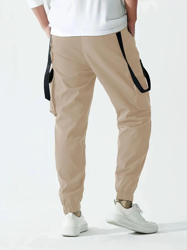 Men's Solid Pocket Drawstring Waist Cargo Pants, Regular Fit Casual Fashion Trousers for Daily Wear, Men's Bottoms for All Seasons