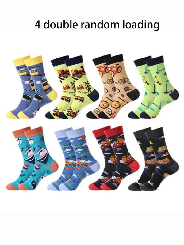 Men's Random Cartoon Print Crew Socks, Casual Comfortable Breathable Mid-calf Socks for Daily Wear, Men's Socks for All Seasons