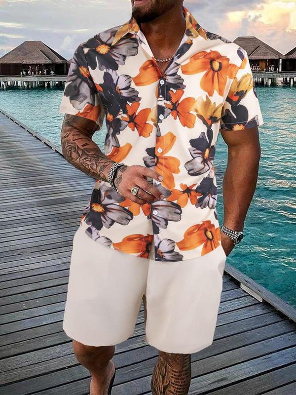 Men's Floral Print Shirt & Drawstring Pocket Shorts Set, Regular Fit Button Down Collared Shirt & Shorts, Hawaiian Shirt & Shorts,  Men Summer Clothes for Beach Vacation