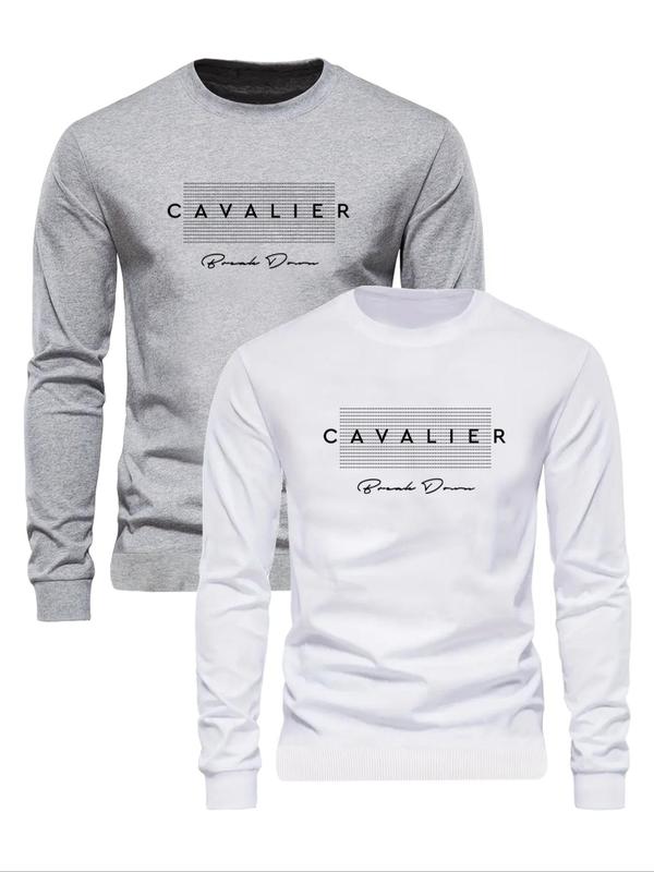 Men's Letters Print Round Neck Sweatshirt Set, Regular Fit Casual Long Sleeve Crew Neck Pullover for Fall & Winter, Men's Clothes for Daily Wear, Mens Clothing