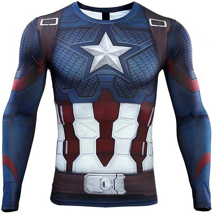 3D Super Hero Quick-Drying Elastic Compression Sport Cosplay Short  Long Sleeves T-Shirt Casual Menswear Clothes Costumes (Captain Style) Gamis Bestie