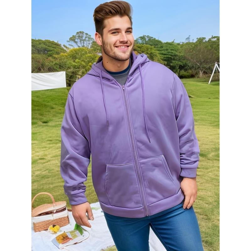 2024Plus Size Men's Oversized Solid Hooded Jacket with Zipper - Fall Winter Warmthdandy