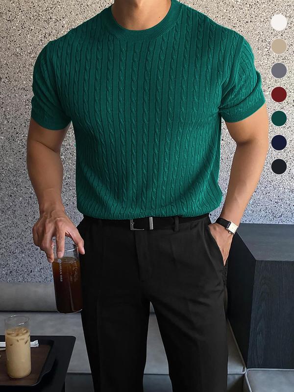 Men's Plain Round Neck Cable Knit Tops, Knit Sweater, Slim Casual Streetwear Short Sleeve Crew Neck Knitwear Top, Summer Clothes, Soft Classic Knitting Tops, Casual Wear 2024, Men's Clothes