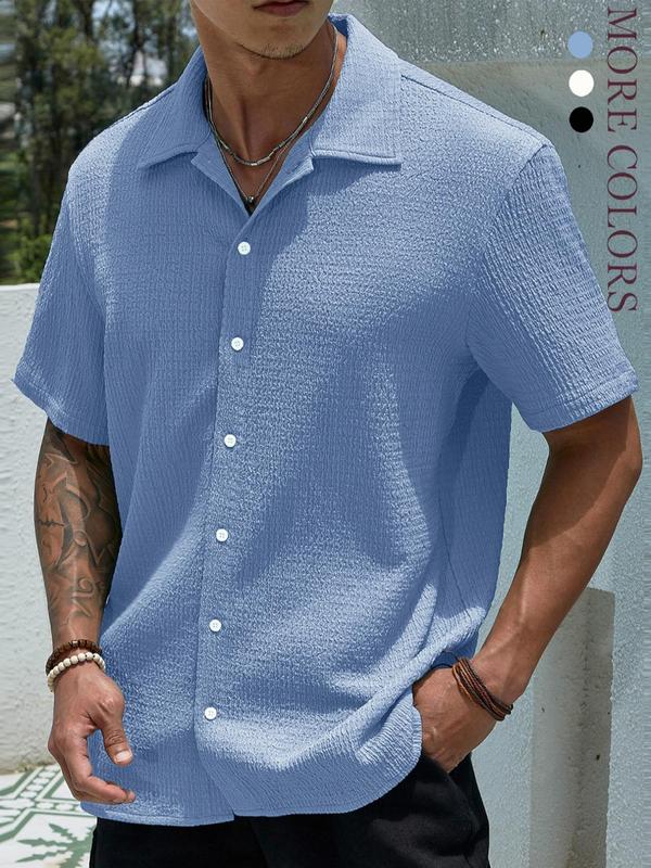 Men's Solid Button Front Shirt, Casual Short Sleeve Collared Top, Polo Collar Shirt, Summer Outfits, Fashion Streetwear Men's Summer Clothes for Daily Wear Back To School, Shirts for Men, Men's Tops, Menswear, Going Out Outfits 2024