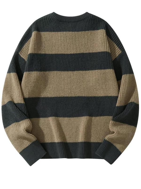 Men's Colorblock Striped Print Drop Shoulder Sweater Pullover, Regular Fit Casual Long Sleeve Round Neck Jumper for Fall & Winter, Fashion Men's Knitwear for Daily Wear