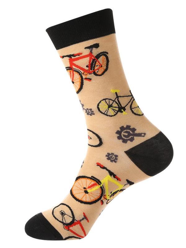 Men's Random Cartoon Print Crew Socks, Casual Comfortable Breathable Mid-calf Socks for Daily Wear, Men's Socks for All Seasons