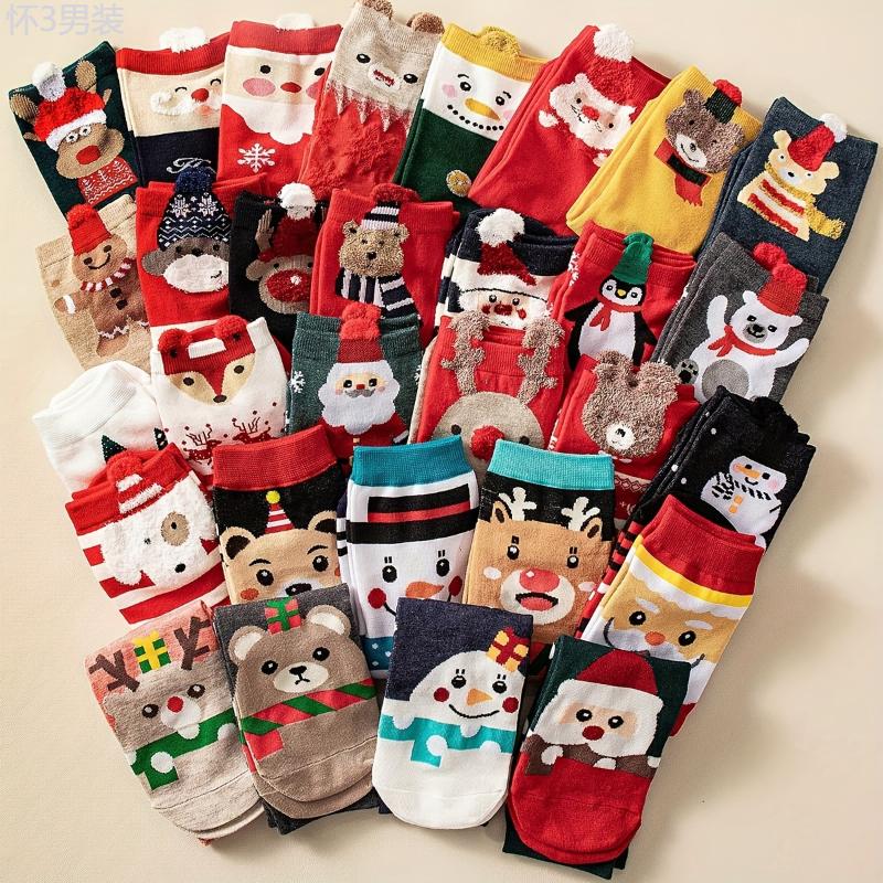 12pcs Christmas Crew Socks for Teens - Festive Cartoon Patterns, Cozy Polyester Blend, Machine Washable - Perfect for Holiday Parties & Performances