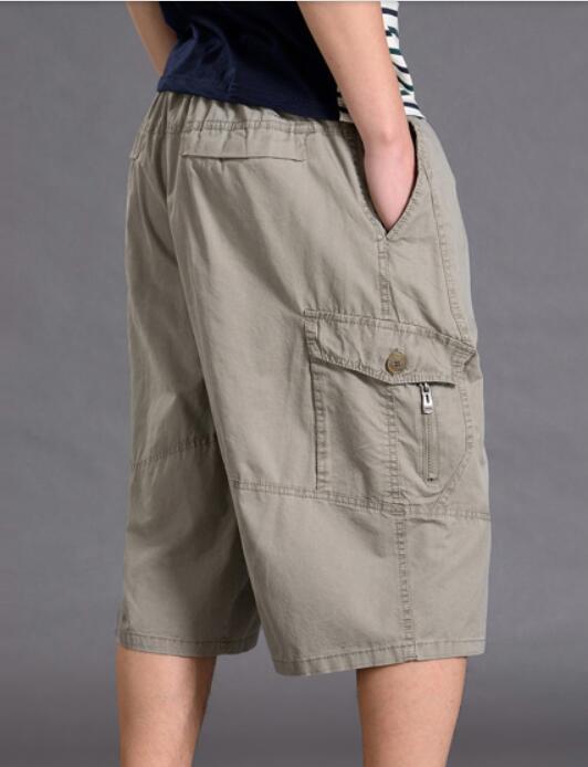 Mens 3 4 Elastic Waist Zip Fly Capri Relaxed Fit Long Cargo Shorts