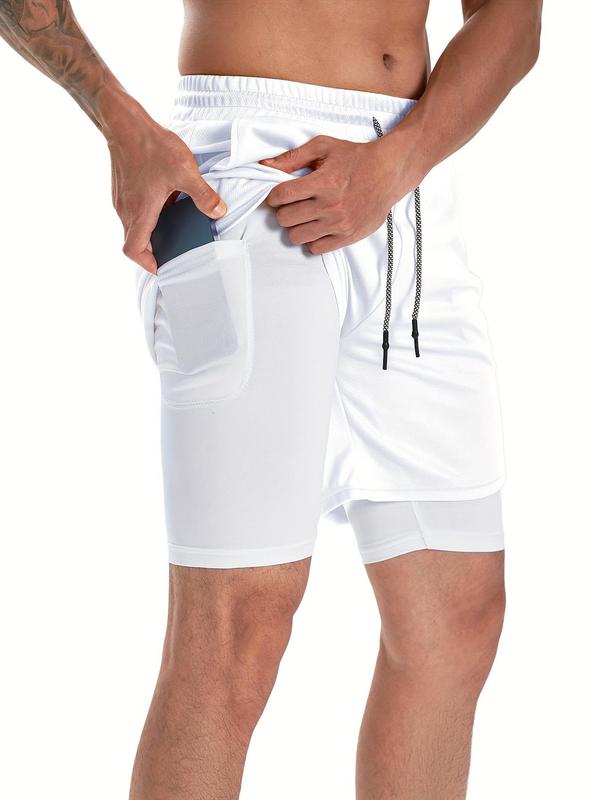 Men's Simple Plain 2 in 1 Drawstring Shorts, Casual Shorts with Towel Loop & Phone Pockets, Back To School Outfits, Summer Shorts for Outdoor Workout Gym, Shorts for Men, Summer Clothes, Going Out Outfit, Menswear