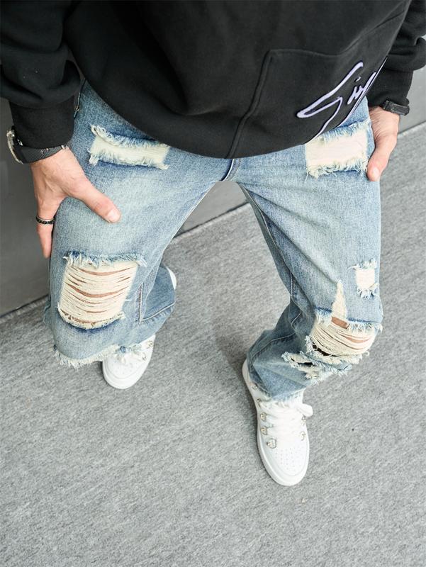 Men High Street Stylish HipHop Holes Loose Straight Jeans Trousers Vintage Male Ripped Cotton Casual Denim Pants