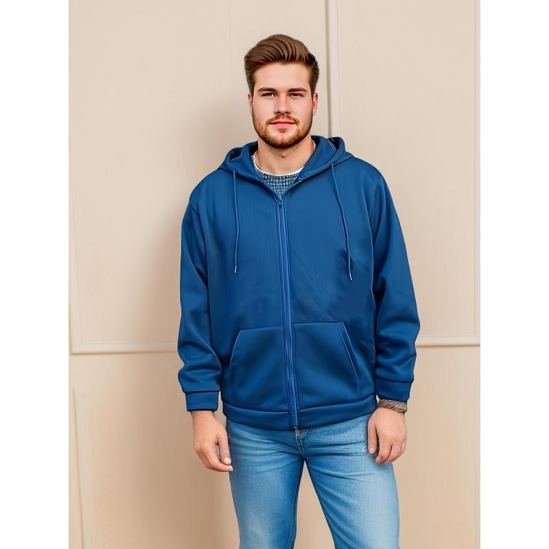 2024Plus Size Men's Oversized Solid Hooded Jacket with Zipper - Fall Winter Warmthdandy