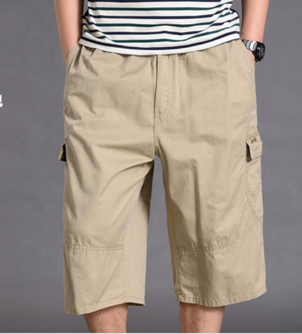 Mens 3 4 Elastic Waist Zip Fly Capri Relaxed Fit Long Cargo Shorts