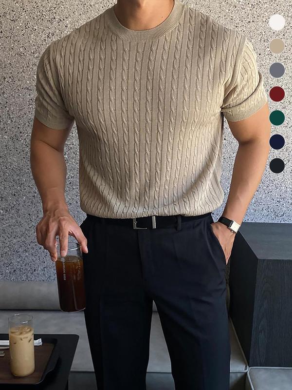 Men's Plain Round Neck Cable Knit Tops, Knit Sweater, Slim Casual Streetwear Short Sleeve Crew Neck Knitwear Top, Summer Clothes, Soft Classic Knitting Tops, Casual Wear 2024, Men's Clothes