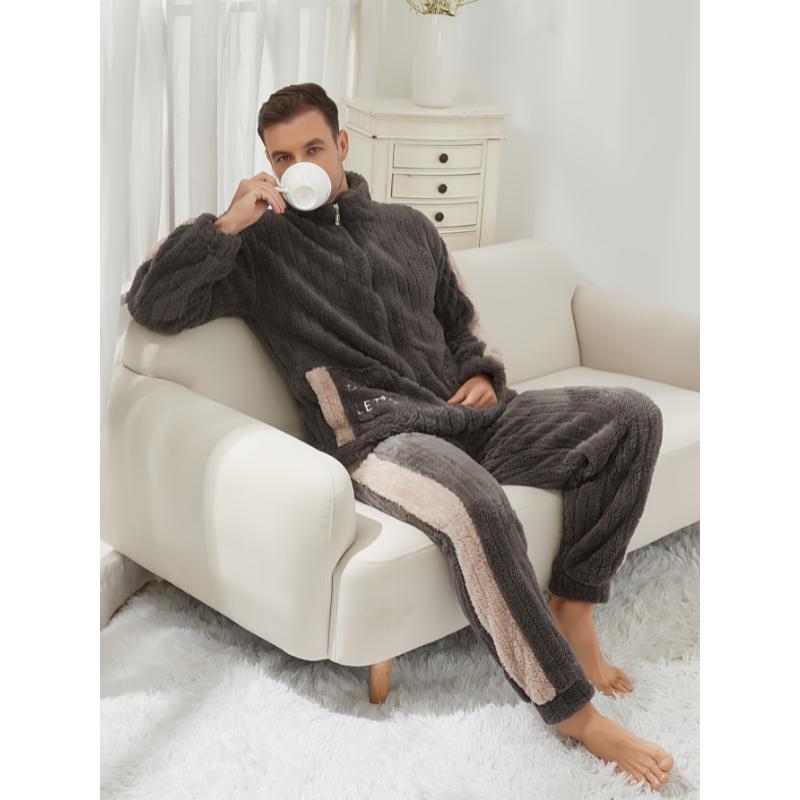 2 Pcs Men's Trendy Embroidered Detail Stand Collar Thick Soft Long Sleeve & Trousers Pajama Set, Comfortable & Skin-friendly Style Men's Cozy Loungewear  Fabric Menswear