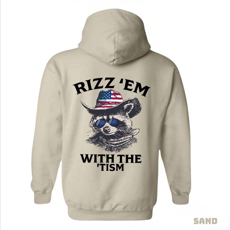 Rizz 'Em With The 'Tism Hoodie - Featuring a raccoon wearing an American cowboy hat and sunglasses, bringing a fun and unique style, perfect for outdoor parties and casual events, providing comfort and style. Unisex.