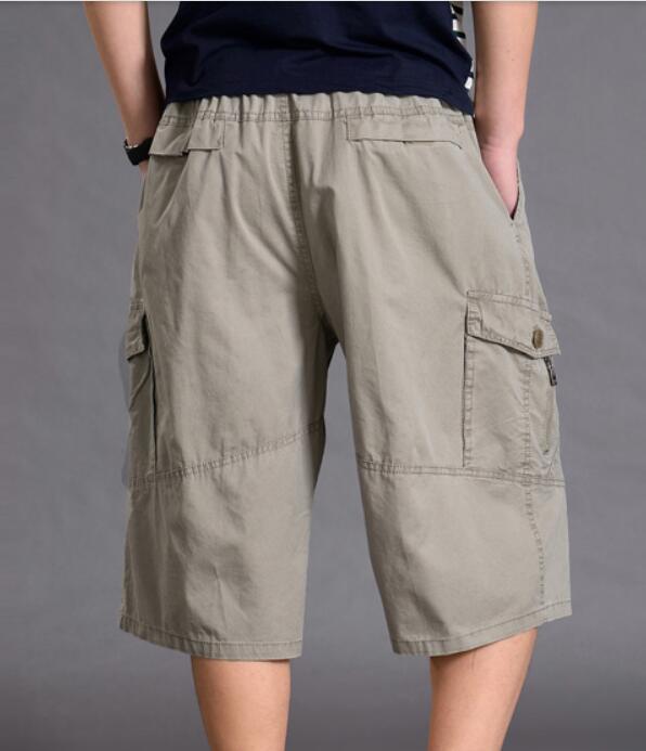 Mens 3 4 Elastic Waist Zip Fly Capri Relaxed Fit Long Cargo Shorts