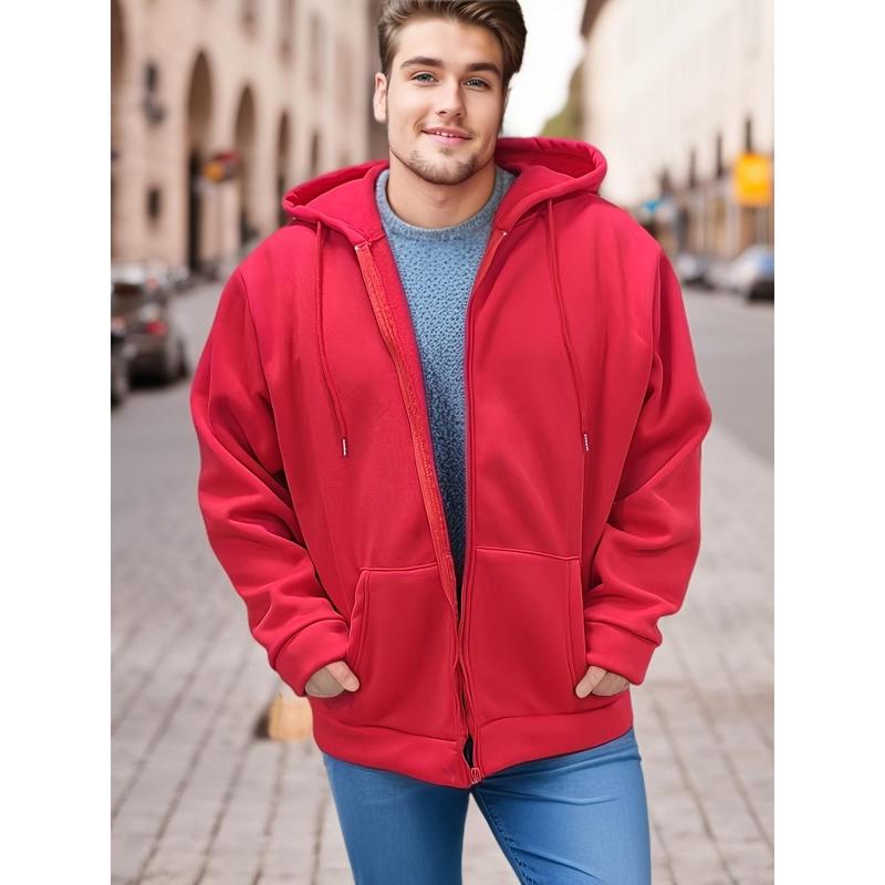 2024Plus Size Men's Oversized Solid Hooded Jacket with Zipper - Fall Winter Warmthdandy