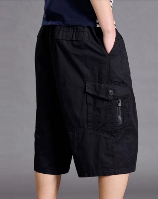 Mens 3 4 Elastic Waist Zip Fly Capri Relaxed Fit Long Cargo Shorts