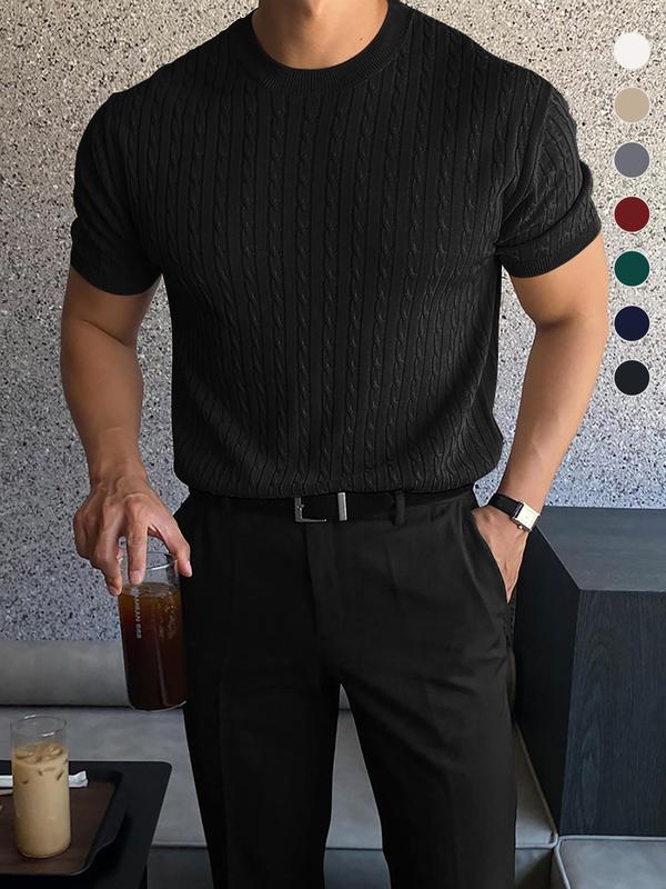 Men's Plain Round Neck Cable Knit Tops, Knit Sweater, Slim Casual Streetwear Short Sleeve Crew Neck Knitwear Top, Summer Clothes, Soft Classic Knitting Tops, Casual Wear 2024, Men's Clothes