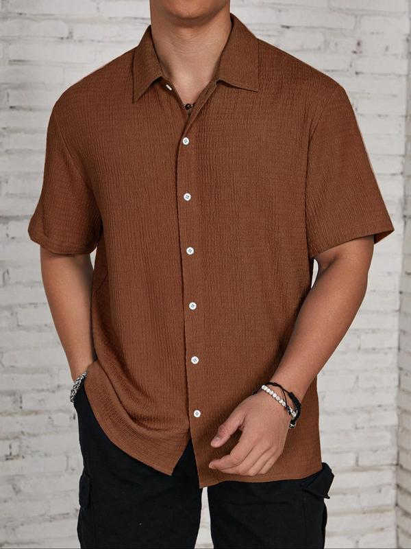 Men's Solid Button Front Shirt, Casual Short Sleeve Collared Top, Polo Collar Shirt, Summer Outfits, Fashion Streetwear Men's Summer Clothes for Daily Wear Back To School, Shirts for Men, Men's Tops, Menswear, Going Out Outfits 2024