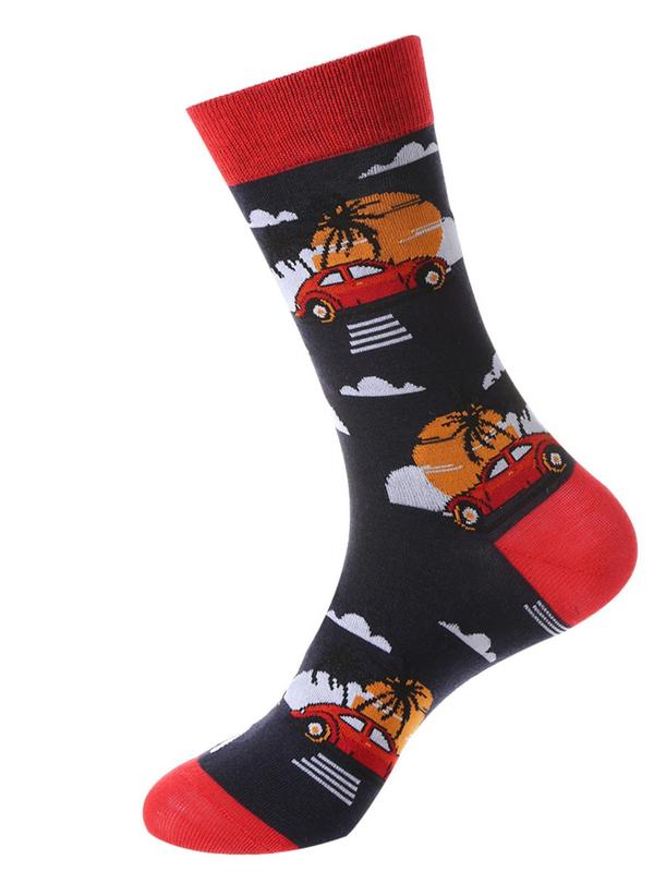 Men's Random Cartoon Print Crew Socks, Casual Comfortable Breathable Mid-calf Socks for Daily Wear, Men's Socks for All Seasons