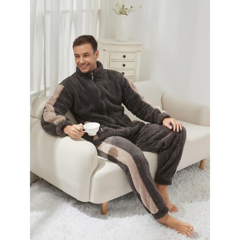 2 Pcs Men's Trendy Embroidered Detail Stand Collar Thick Soft Long Sleeve & Trousers Pajama Set, Comfortable & Skin-friendly Style Men's Cozy Loungewear  Fabric Menswear