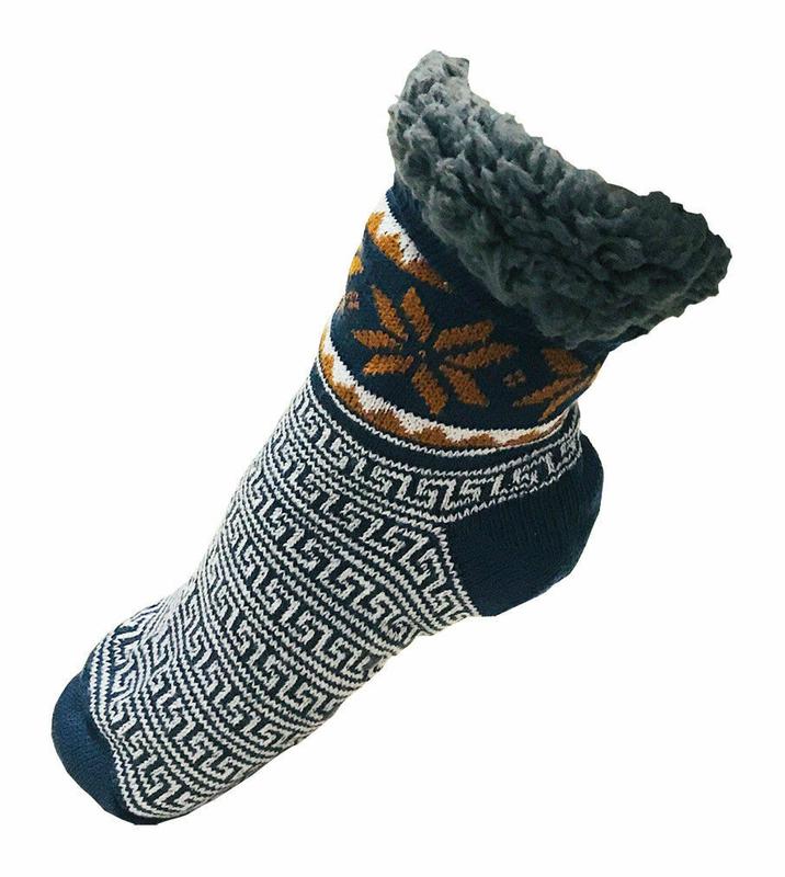 Mens Thick Knit Sherpa Fleece Slipper Socks Blue Base Colorful Snowflakes 10-13